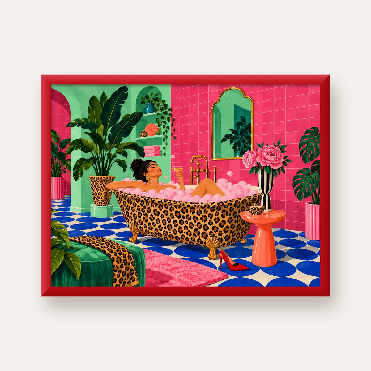 Leopar Küvetli Renkli Banyo — kırmızı çerçeveli