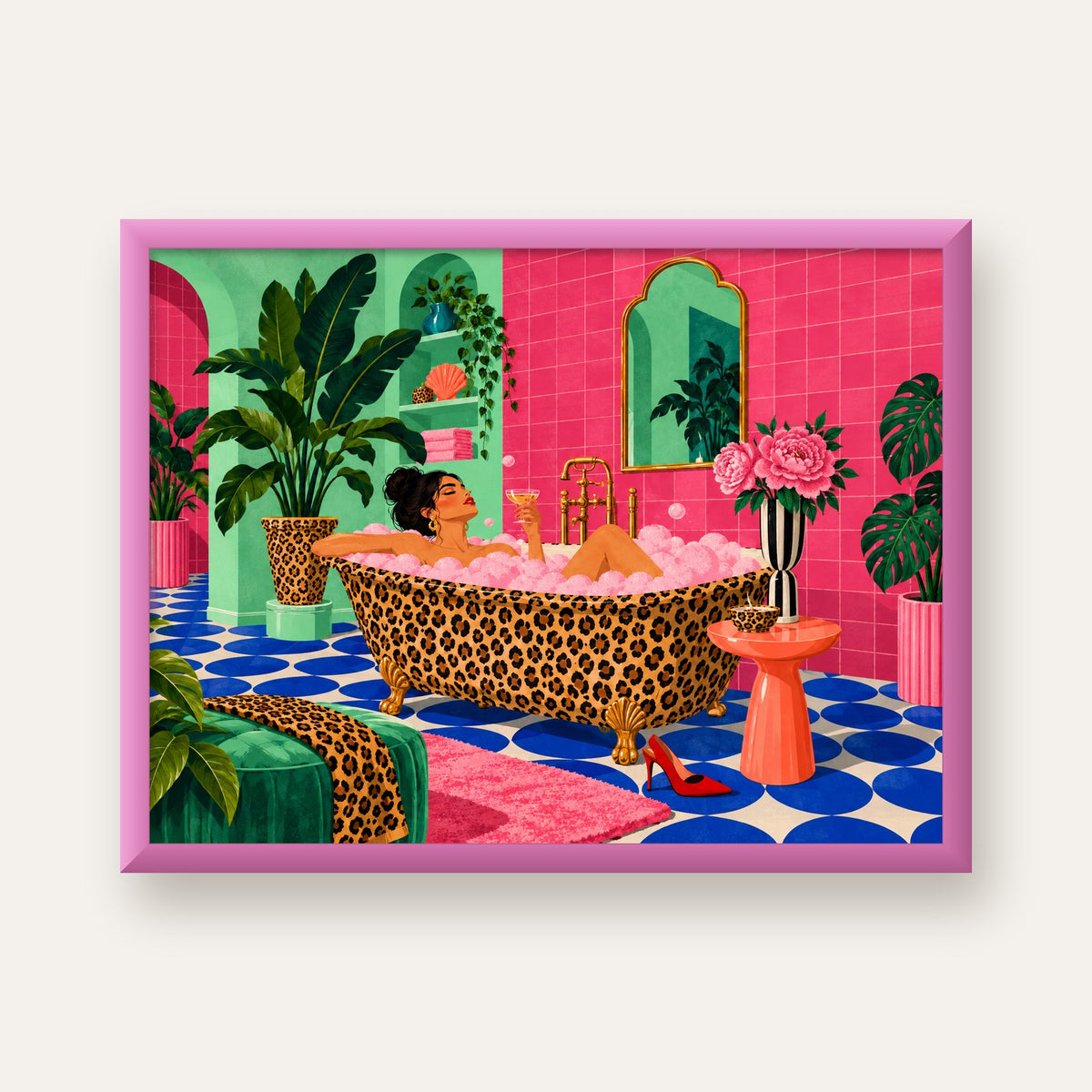 Leopar Küvetli Renkli Banyo — pembe çerçeveli