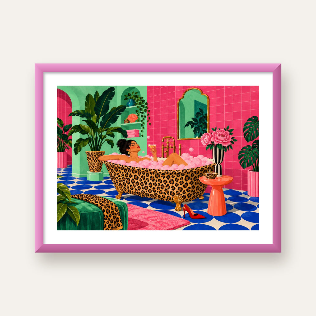Leopar Küvetli Renkli Banyo — pembe çerçeveli paspartulu