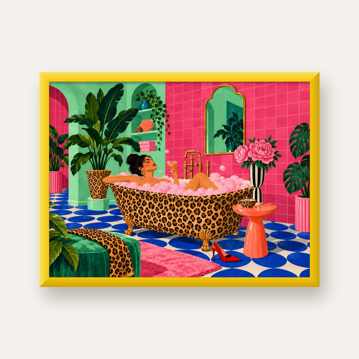 Leopar Küvetli Renkli Banyo — sarı çerçeveli