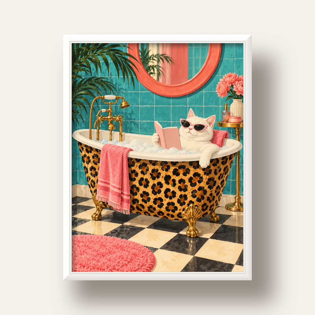 Leopar Desenli Küvette Kitap Okuyan Kedi Poster — beyaz derin çerçeveli