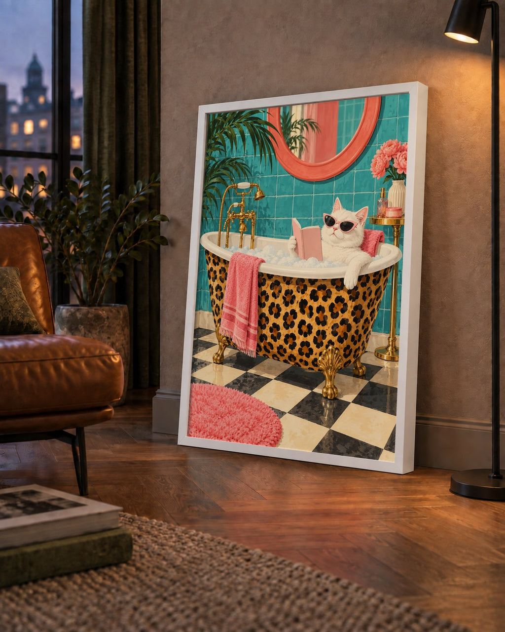 Leopar Desenli Küvette Kitap Okuyan Kedi Poster — çerçeveli hâliyle bir ev duvarında