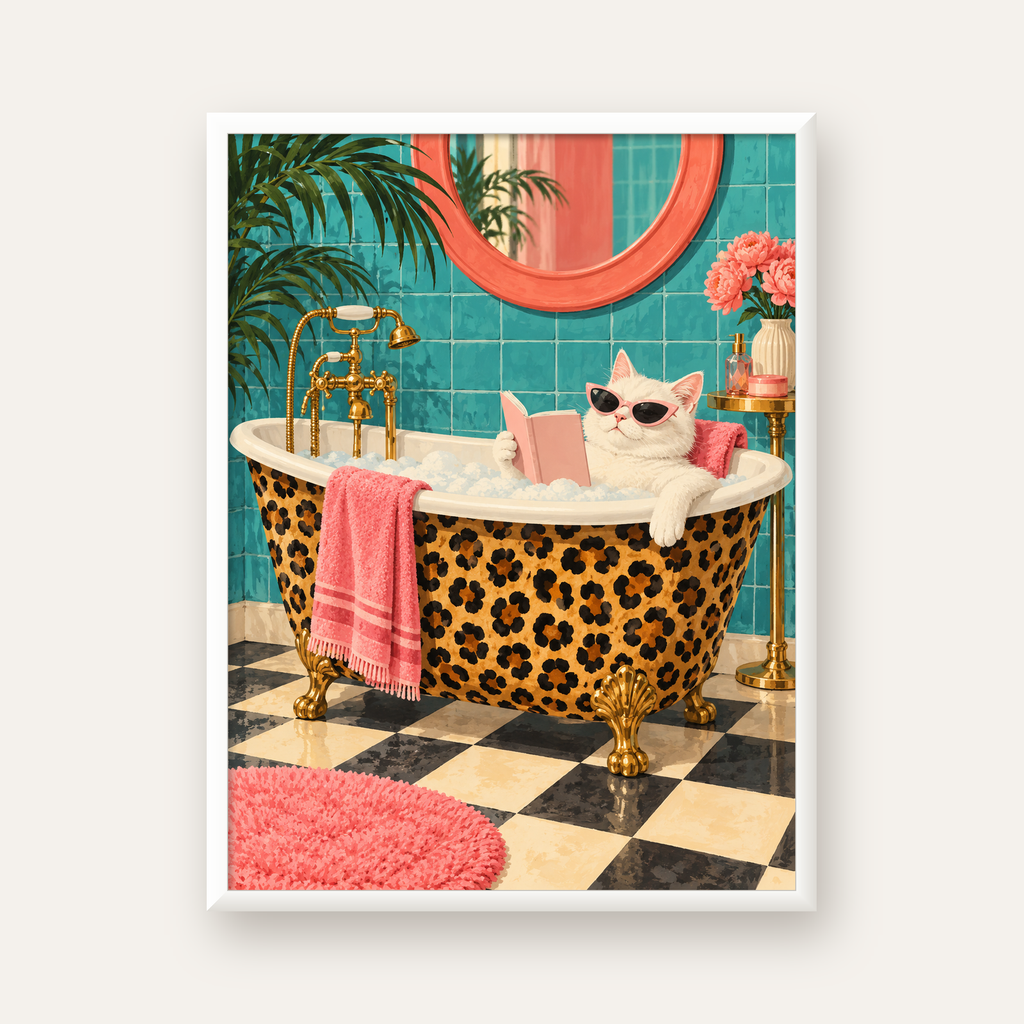 Leopar Desenli Küvette Kitap Okuyan Kedi Poster — beyaz çerçeveli dikey poster