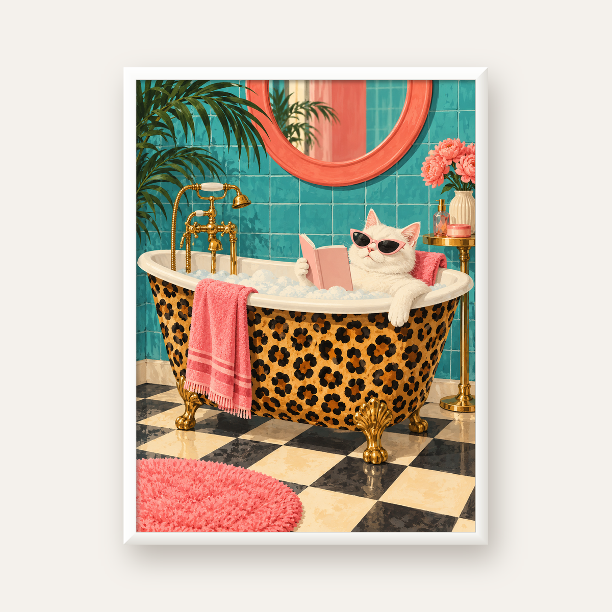 Leopar Desenli Küvette Kitap Okuyan Kedi Poster — beyaz çerçeveli dikey poster