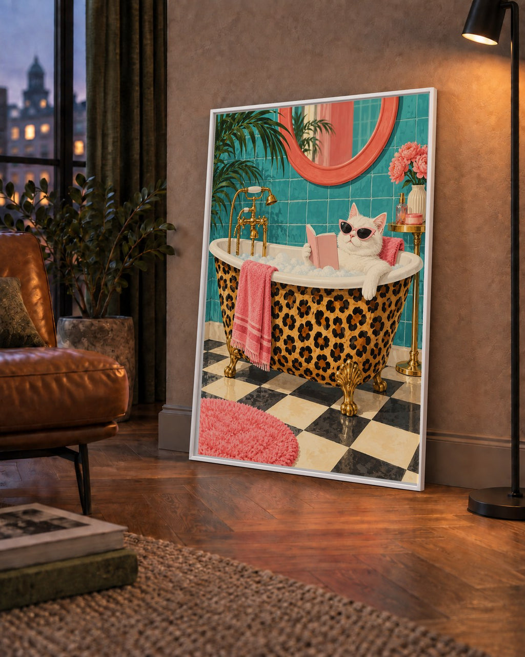 Leopar Desenli Küvette Kitap Okuyan Kedi Poster — çerçeveli hâliyle bir ev duvarında