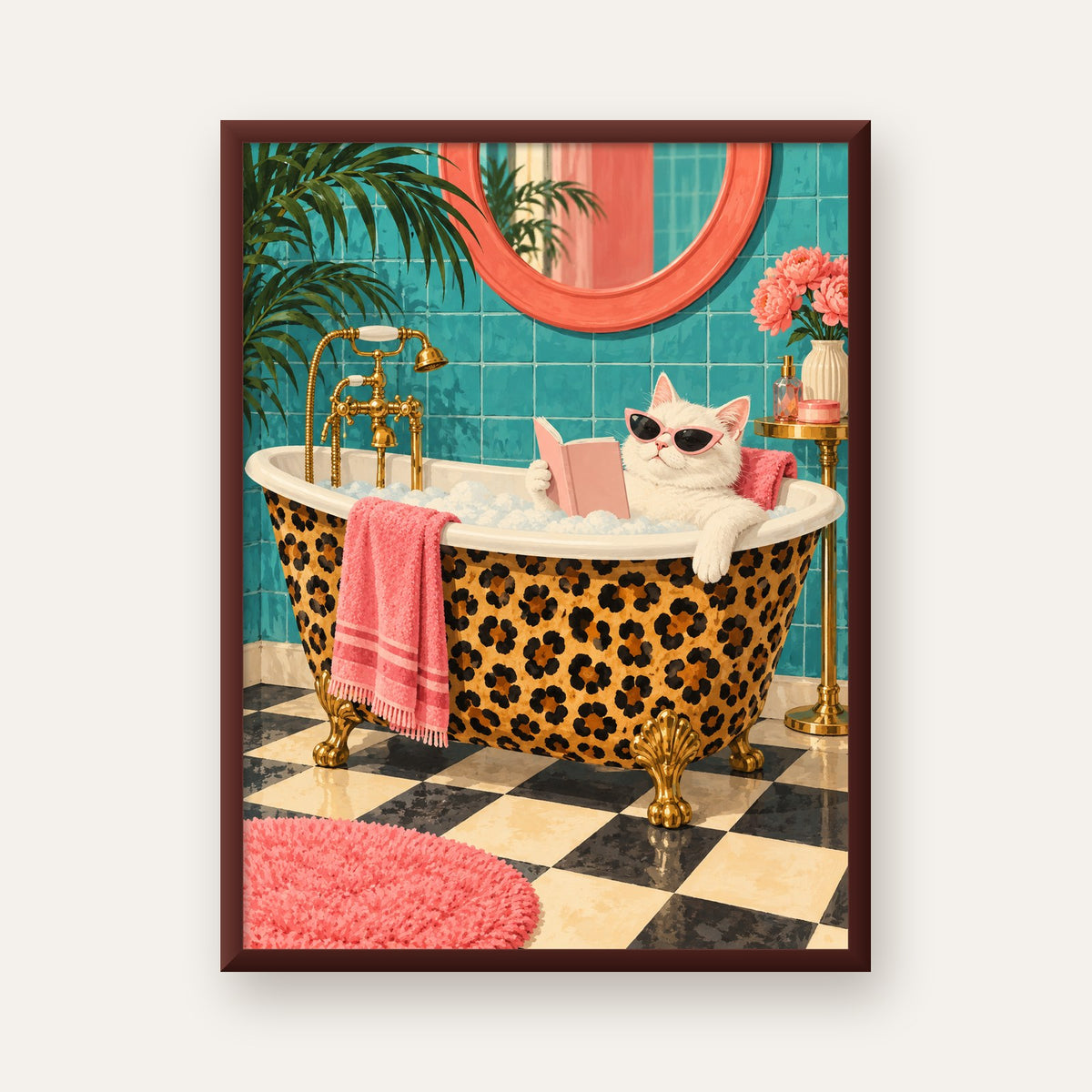 Leopar Desenli Küvette Kitap Okuyan Kedi Poster — ceviz çerçeveli