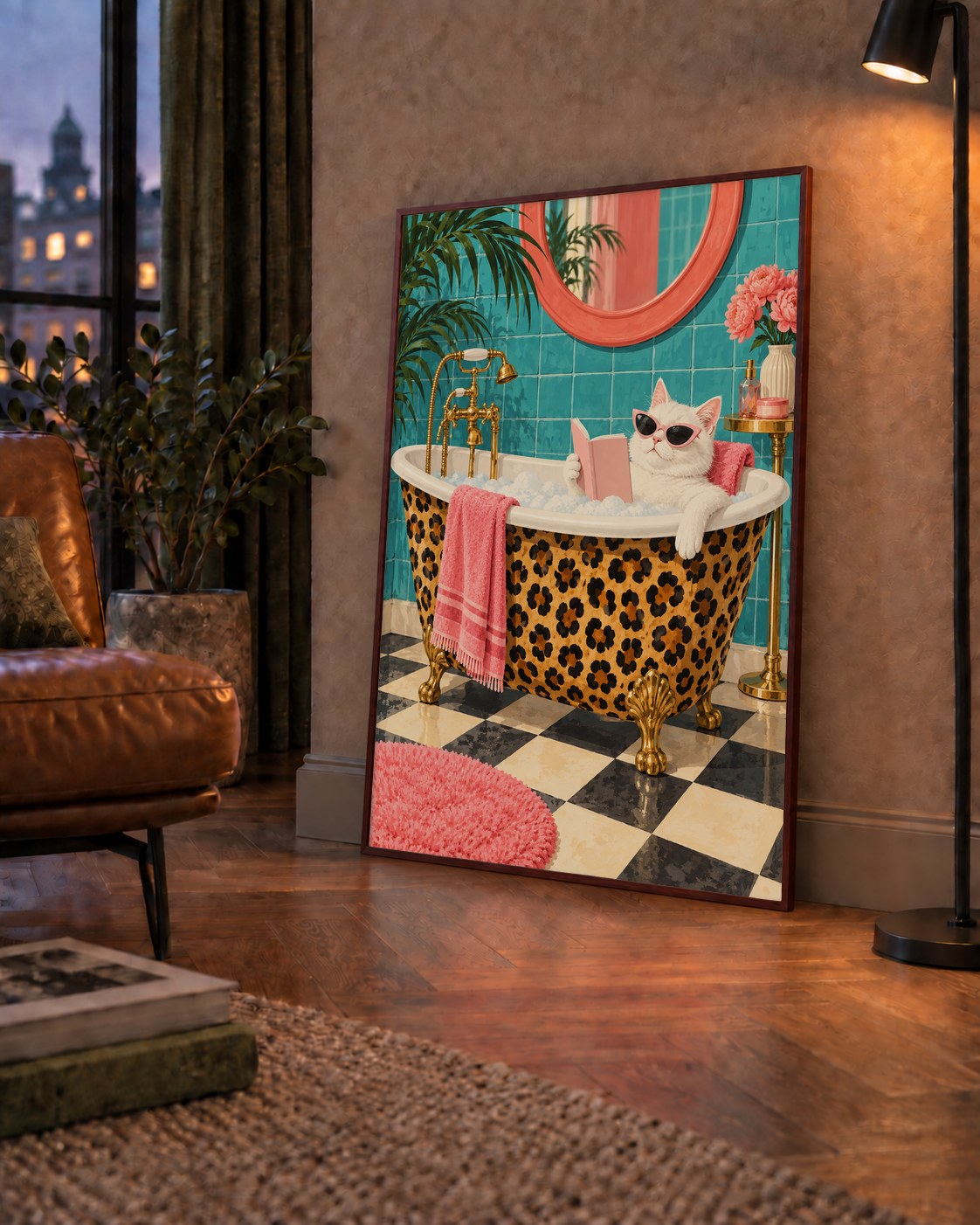 Leopar Desenli Küvette Kitap Okuyan Kedi Poster — çerçeveli hâliyle bir ev duvarında