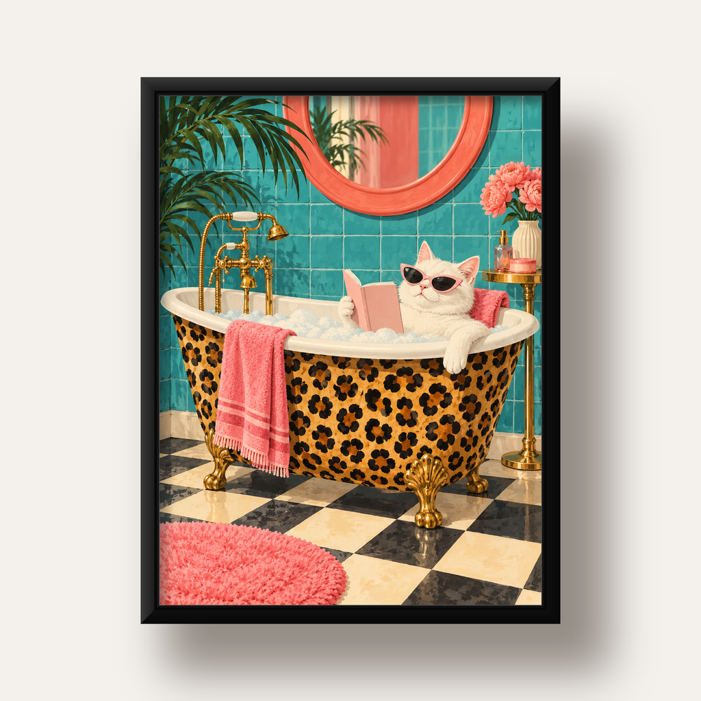 Leopar Desenli Küvette Kitap Okuyan Kedi Poster — siyah derin çerçeveli