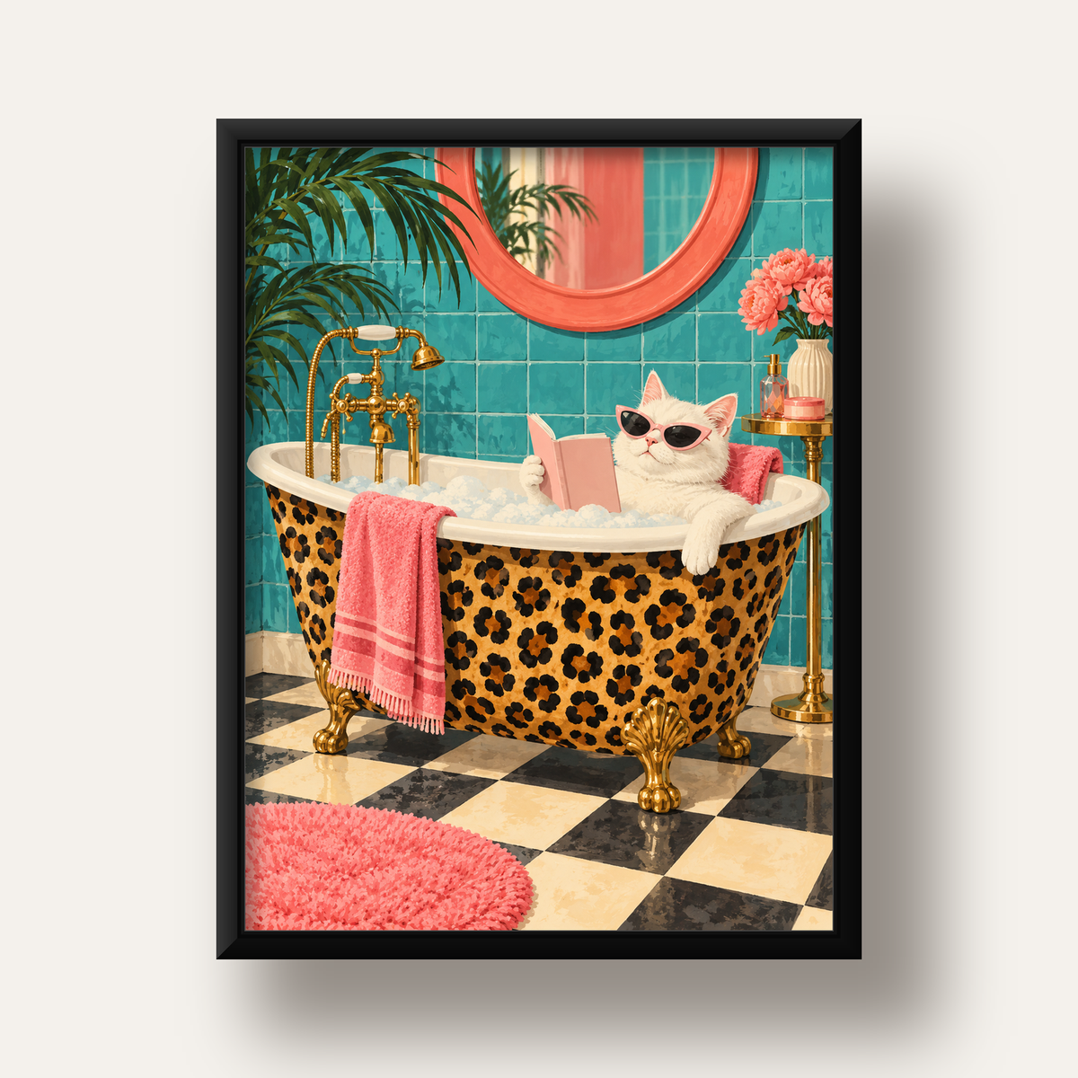 Leopar Desenli Küvette Kitap Okuyan Kedi Poster — siyah derin çerçeveli