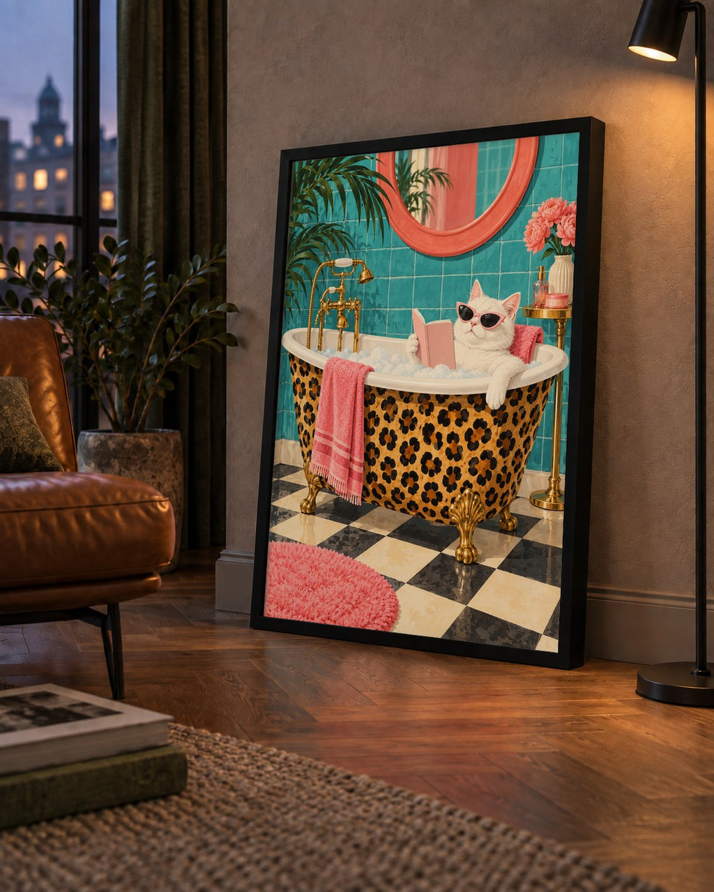 Leopar Desenli Küvette Kitap Okuyan Kedi Poster — çerçeveli hâliyle bir ev duvarında