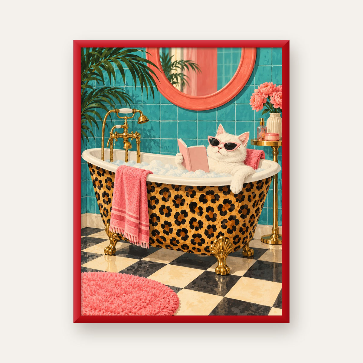 Leopar Desenli Küvette Kitap Okuyan Kedi Poster — kırmızı çerçeveli