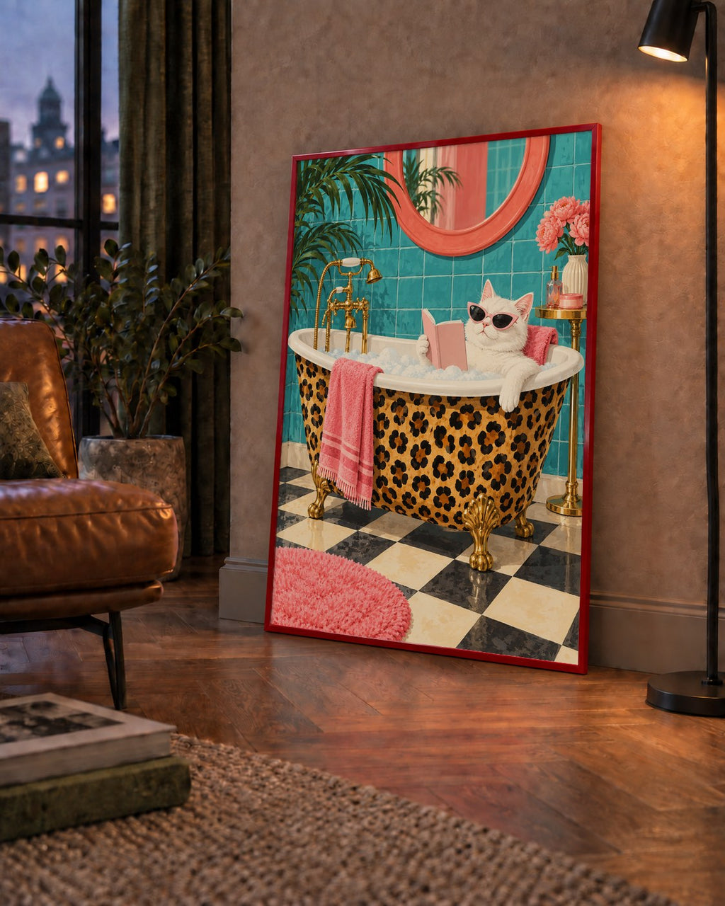Leopar Desenli Küvette Kitap Okuyan Kedi Poster — çerçeveli hâliyle bir ev duvarında