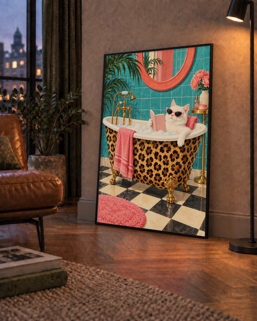 Leopar Desenli Küvette Kitap Okuyan Kedi Poster — çerçeveli hâliyle bir ev duvarında