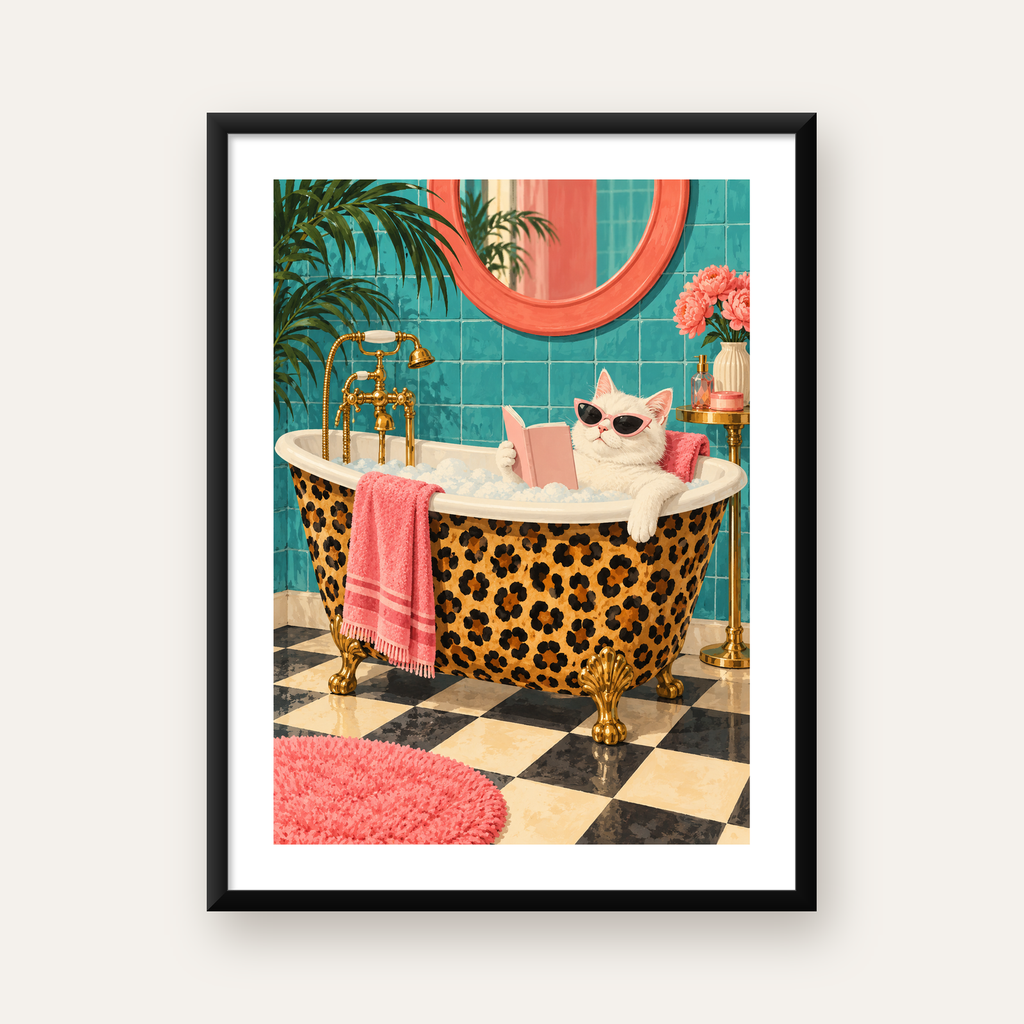 Leopar Desenli Küvette Kitap Okuyan Kedi Poster — Dikey baskı, beyaz paspartulu