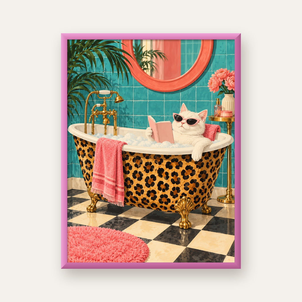 Leopar Desenli Küvette Kitap Okuyan Kedi Poster — pembe çerçeveli