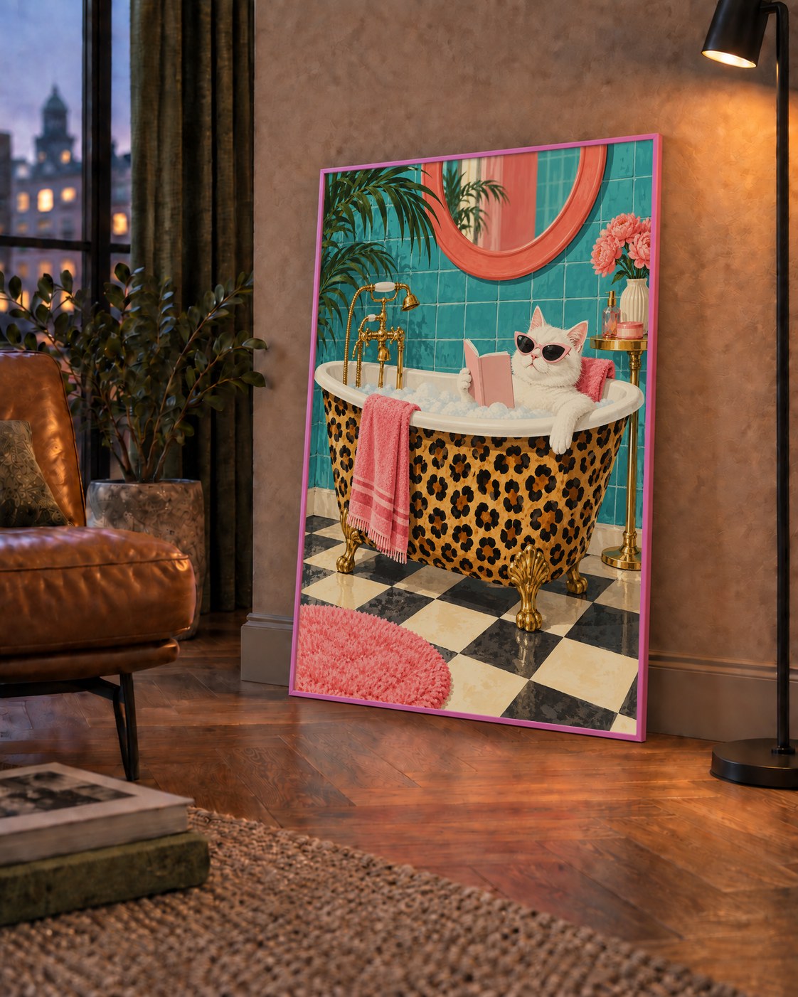 Leopar Desenli Küvette Kitap Okuyan Kedi Poster — çerçeveli hâliyle bir ev duvarında