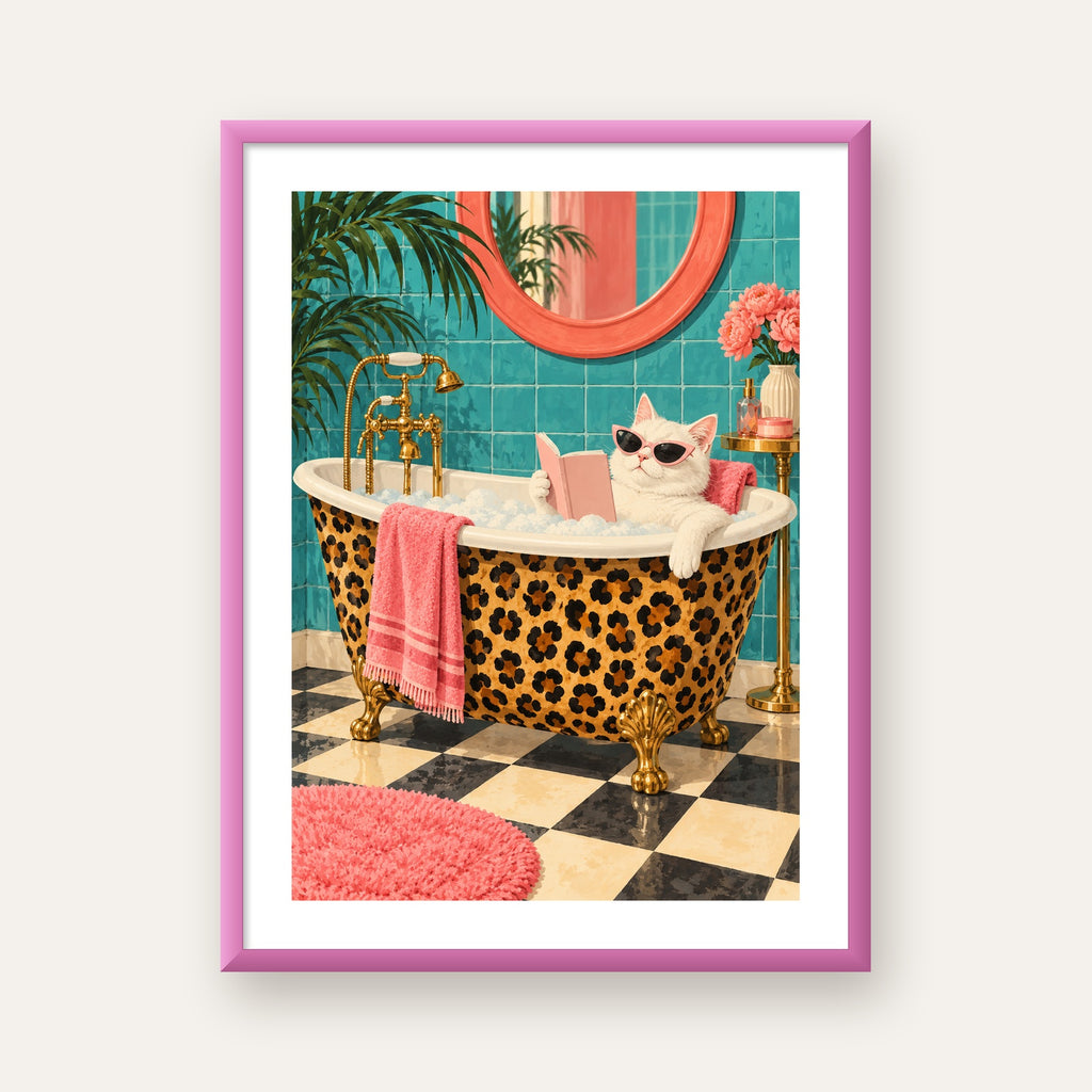 Leopar Desenli Küvette Kitap Okuyan Kedi Poster — pembe çerçeveli paspartulu