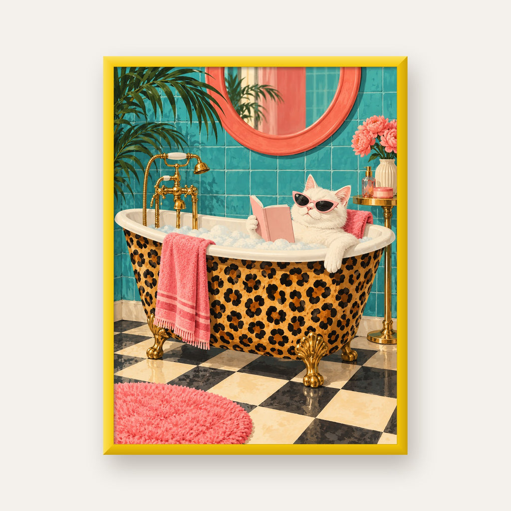 Leopar Desenli Küvette Kitap Okuyan Kedi Poster — sarı çerçeveli