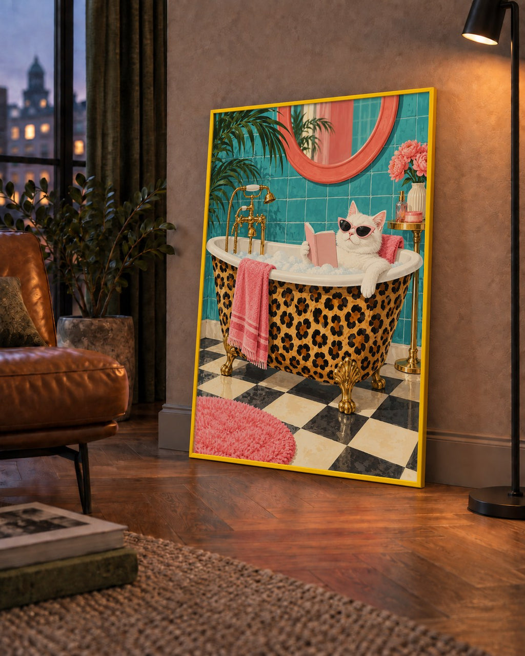 Leopar Desenli Küvette Kitap Okuyan Kedi Poster — çerçeveli hâliyle bir ev duvarında