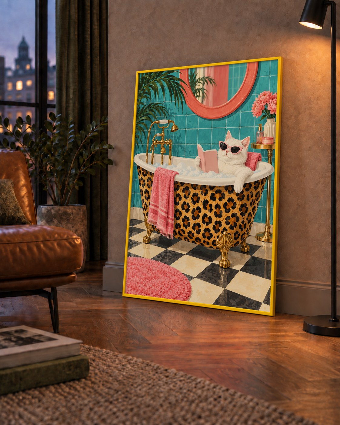 Leopar Desenli Küvette Kitap Okuyan Kedi Poster — çerçeveli hâliyle bir ev duvarında