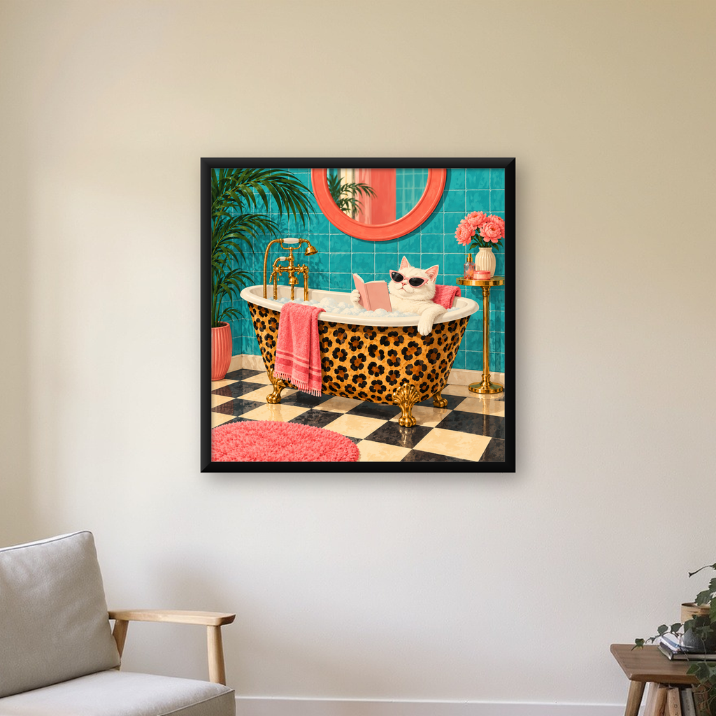 Leopar Desenli Küvette Kitap Okuyan Kedi Poster — Kare baskı, çerçeveli hâliyle bir ev duvarında