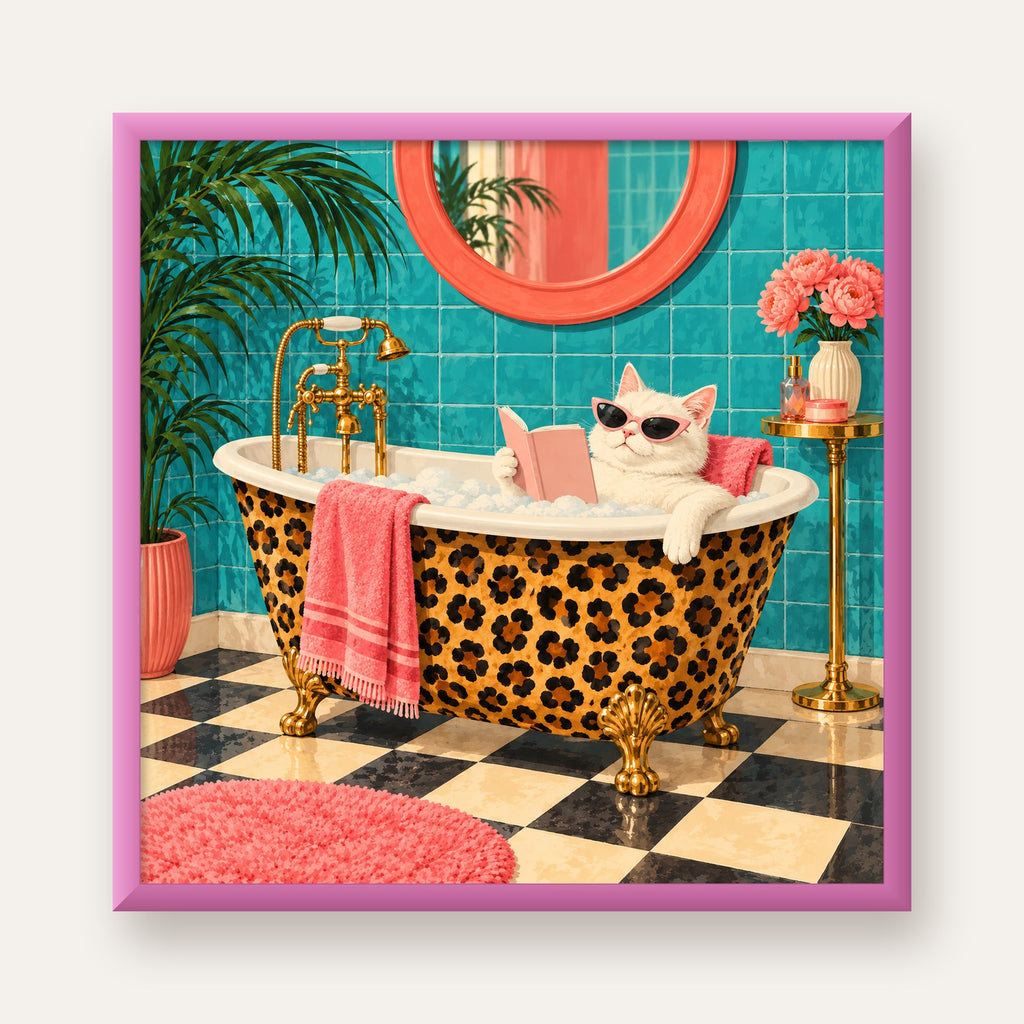 Leopar Desenli Küvette Kitap Okuyan Kedi Poster — pembe çerçeveli