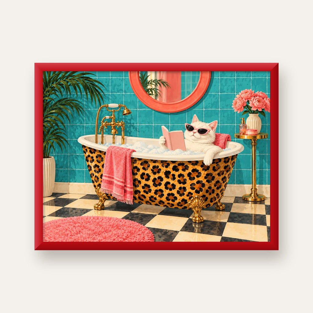 Leopar Desenli Küvette Kitap Okuyan Kedi Poster — kırmızı çerçeveli