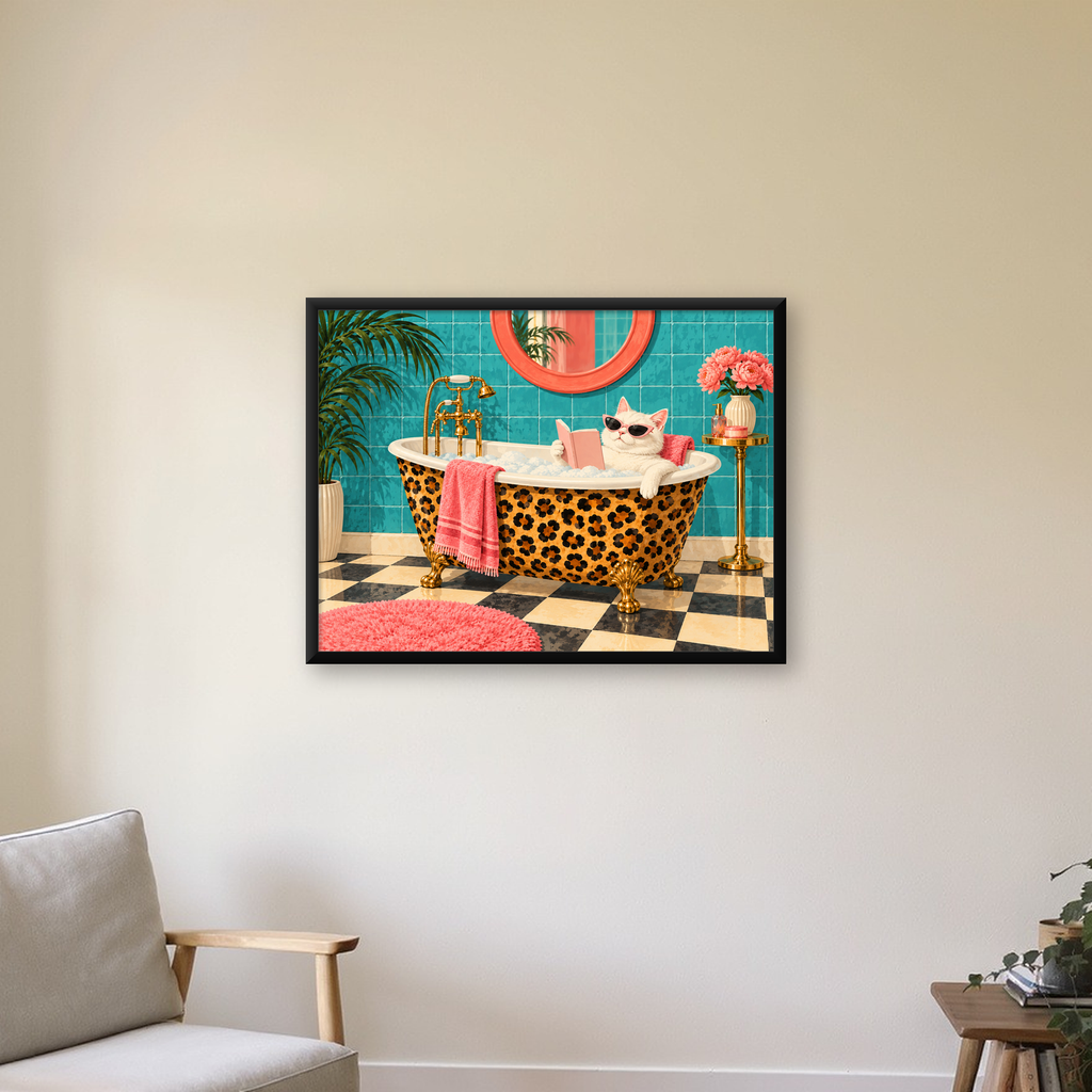 Leopar Desenli Küvette Kitap Okuyan Kedi Poster — Yatay baskı, çerçeveli hâliyle bir ev duvarında