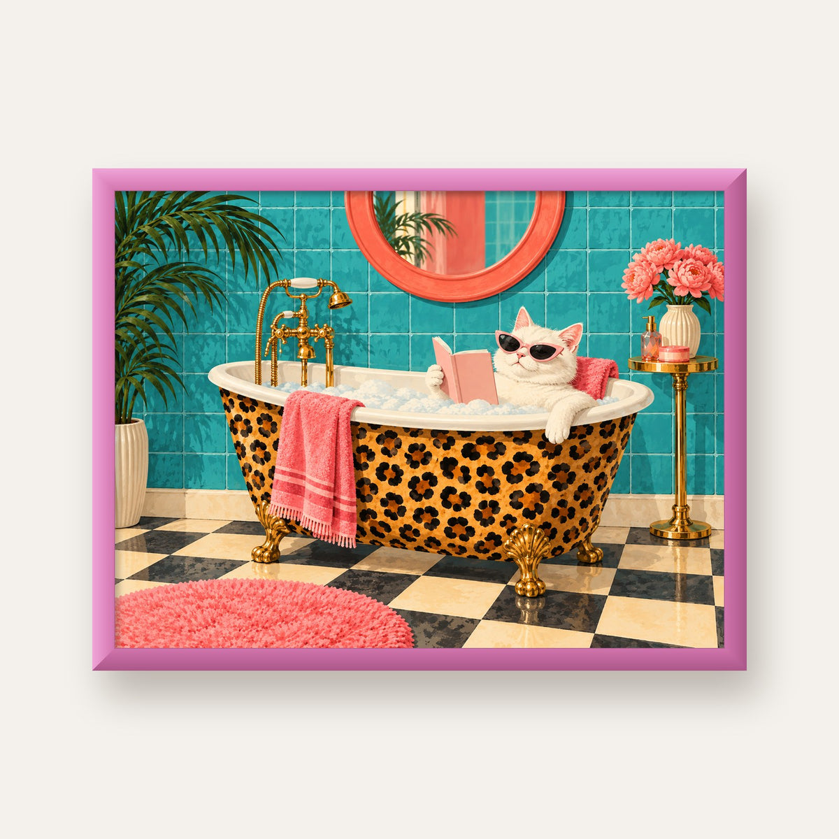 Leopar Desenli Küvette Kitap Okuyan Kedi Poster — pembe çerçeveli