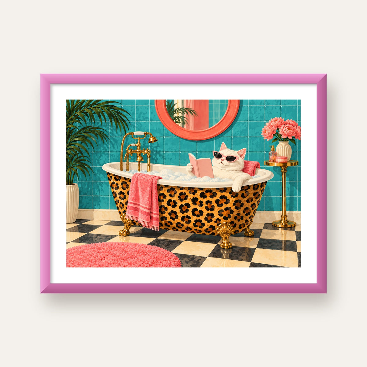 Leopar Desenli Küvette Kitap Okuyan Kedi Poster — pembe çerçeveli paspartulu
