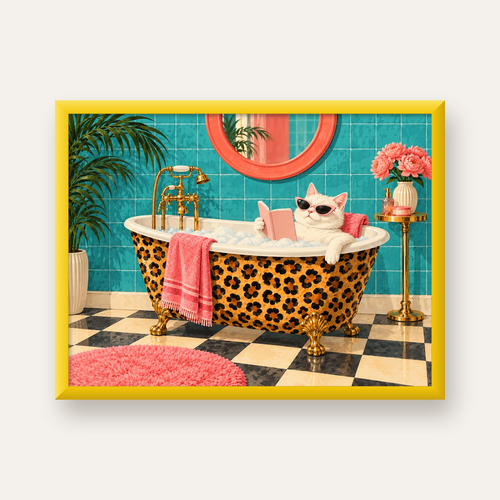 Leopar Desenli Küvette Kitap Okuyan Kedi Poster — sarı çerçeveli