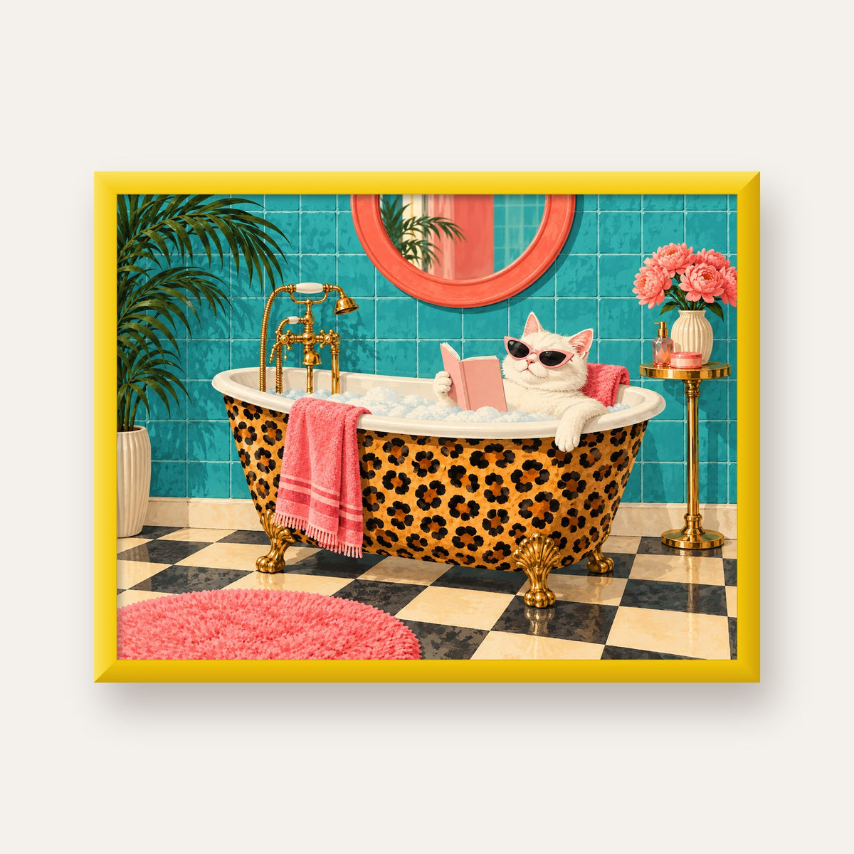 Leopar Desenli Küvette Kitap Okuyan Kedi Poster — sarı çerçeveli