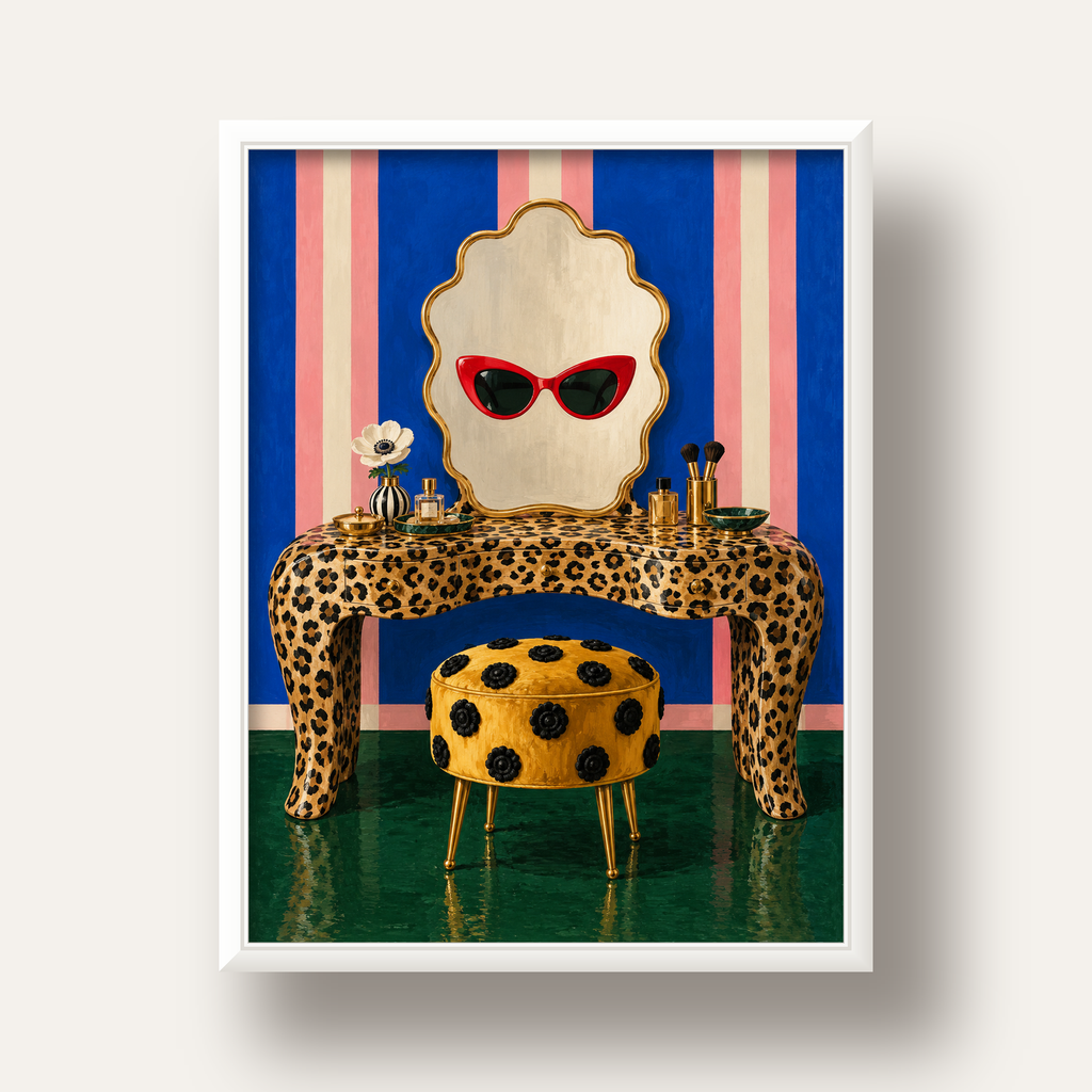 Leopar Desenli Makyaj Masası Poster – Modern ve Havalı Dekor — beyaz derin çerçeveli