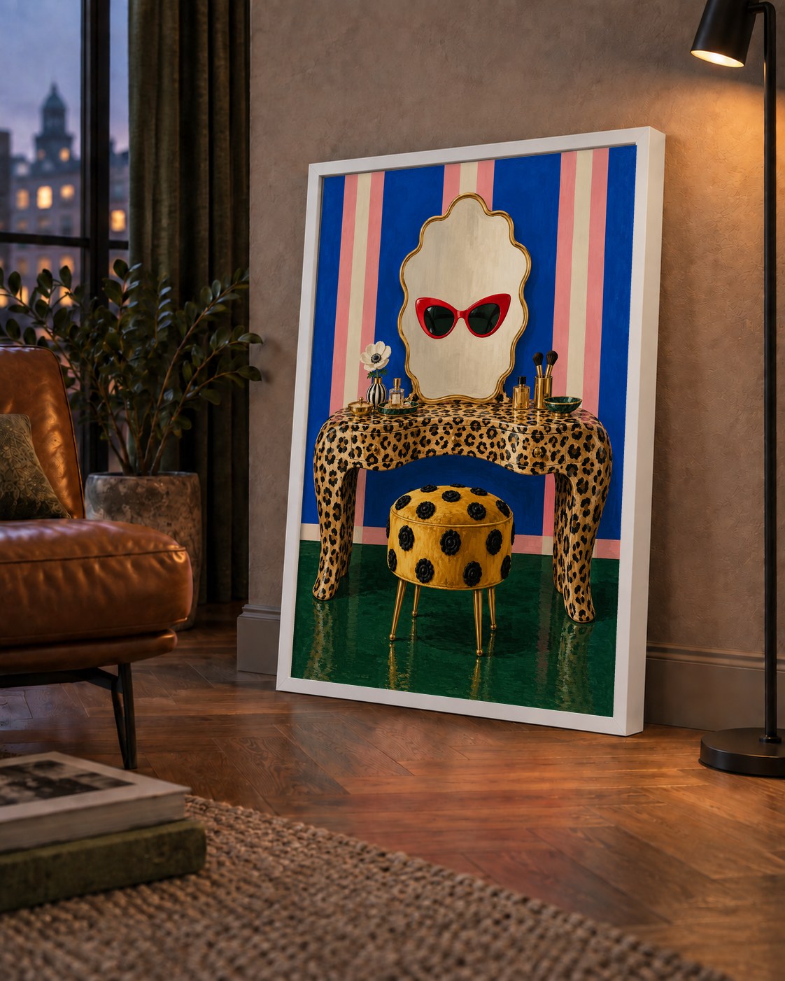 Leopar Desenli Makyaj Masası Poster – Modern ve Havalı Dekor — çerçeveli hâliyle bir ev duvarında
