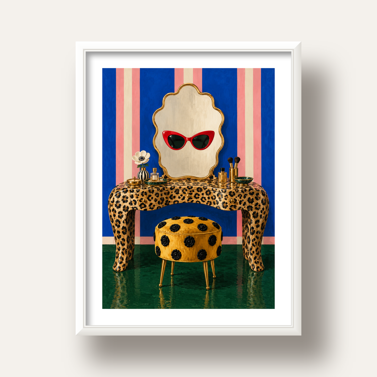 Leopar Desenli Makyaj Masası Poster – Modern ve Havalı Dekor — beyaz derin çerçeveli paspartulu