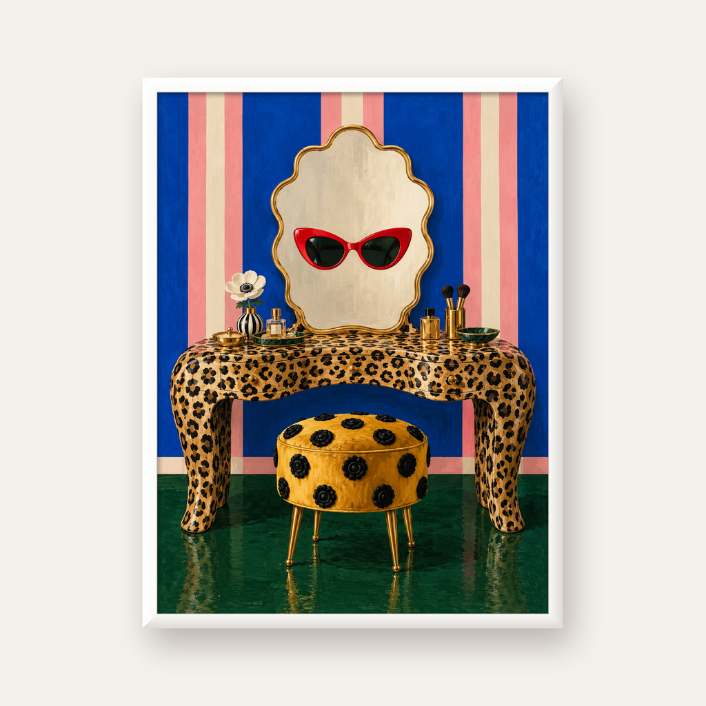 Leopar Desenli Makyaj Masası Poster – Modern ve Havalı Dekor — beyaz çerçeveli dikey poster