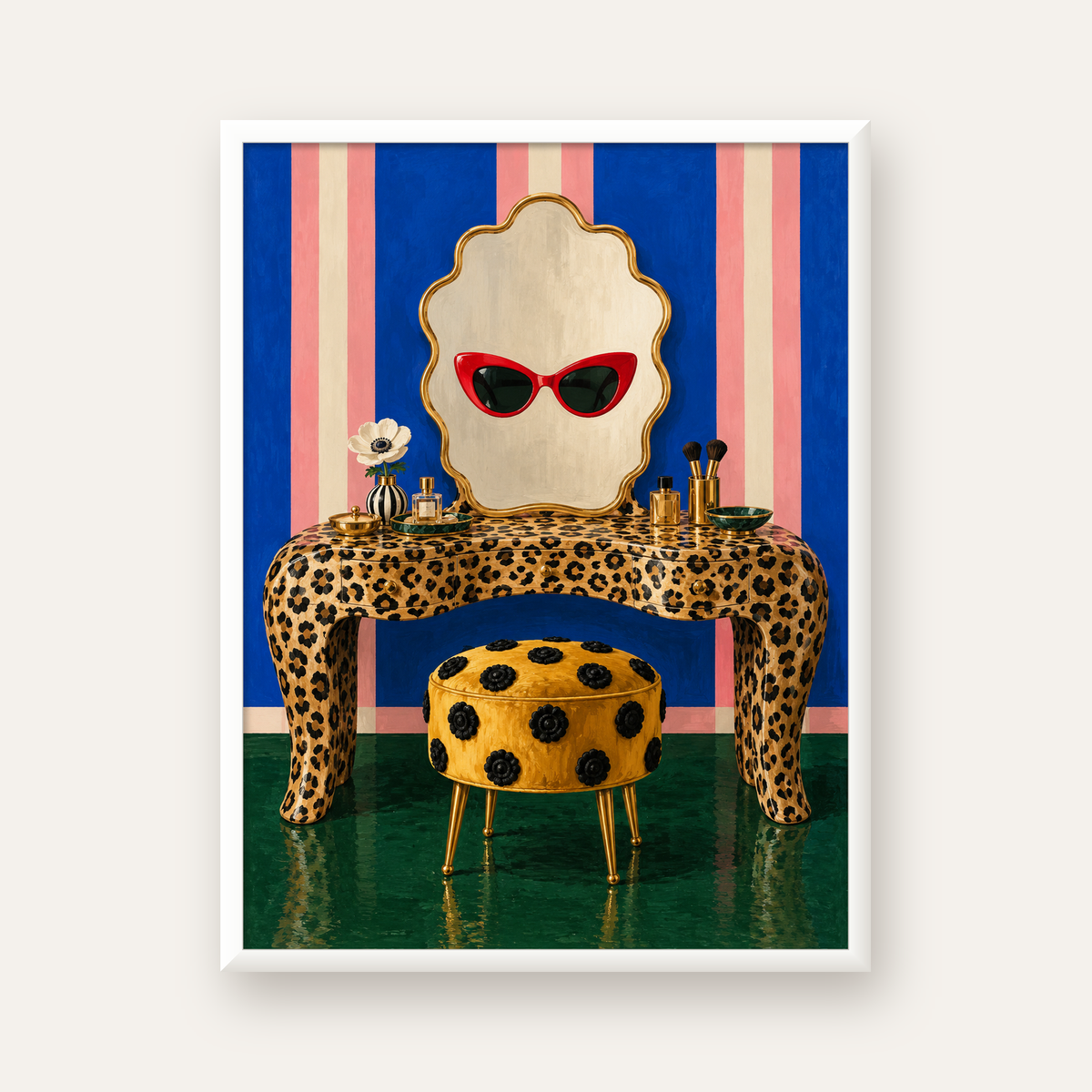 Leopar Desenli Makyaj Masası Poster – Modern ve Havalı Dekor — beyaz çerçeveli dikey poster