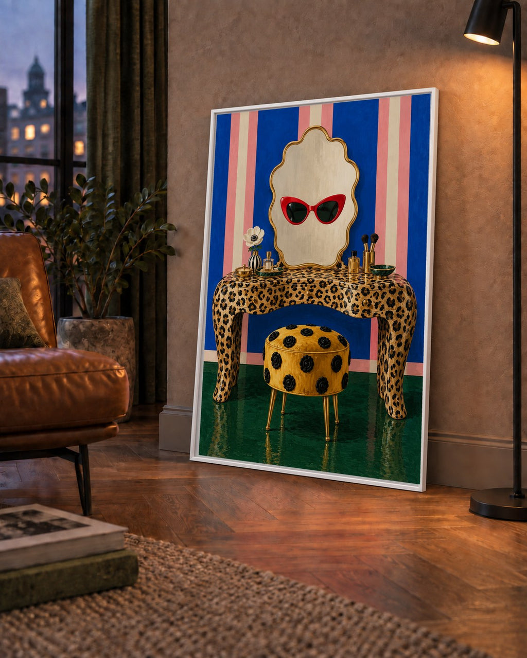 Leopar Desenli Makyaj Masası Poster – Modern ve Havalı Dekor — çerçeveli hâliyle bir ev duvarında
