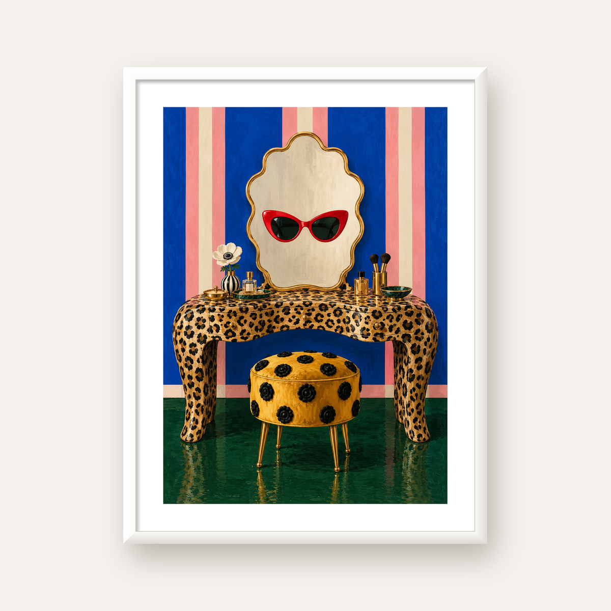 Leopar Desenli Makyaj Masası Poster – Modern ve Havalı Dekor — beyaz çerçeveli dikey poster