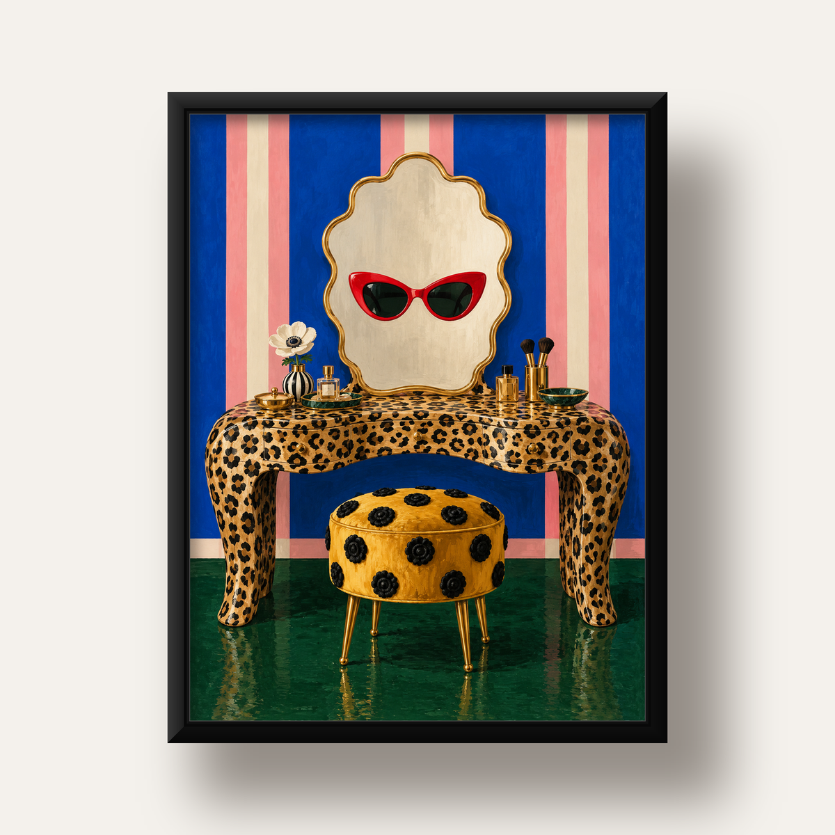 Leopar Desenli Makyaj Masası Poster – Modern ve Havalı Dekor — siyah derin çerçeveli