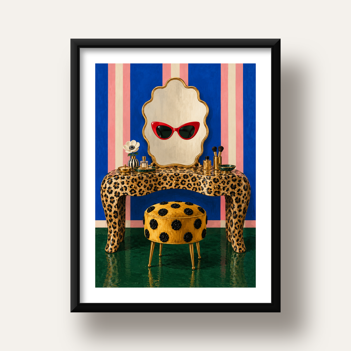 Leopar Desenli Makyaj Masası Poster – Modern ve Havalı Dekor — siyah derin çerçeveli paspartulu