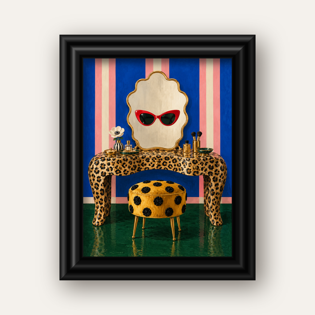 Leopar Desenli Makyaj Masası Poster – Modern ve Havalı Dekor — siyah galeri çerçeveli