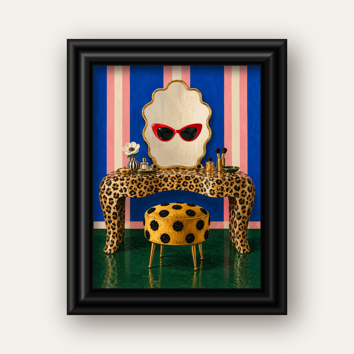 Leopar Desenli Makyaj Masası Poster – Modern ve Havalı Dekor — siyah galeri çerçeveli