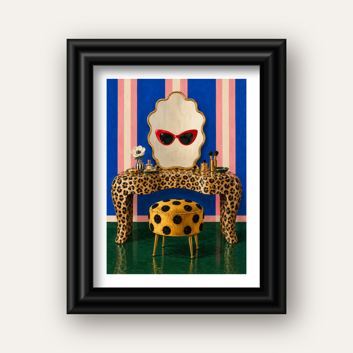Leopar Desenli Makyaj Masası Poster – Modern ve Havalı Dekor — siyah galeri çerçeveli paspartulu