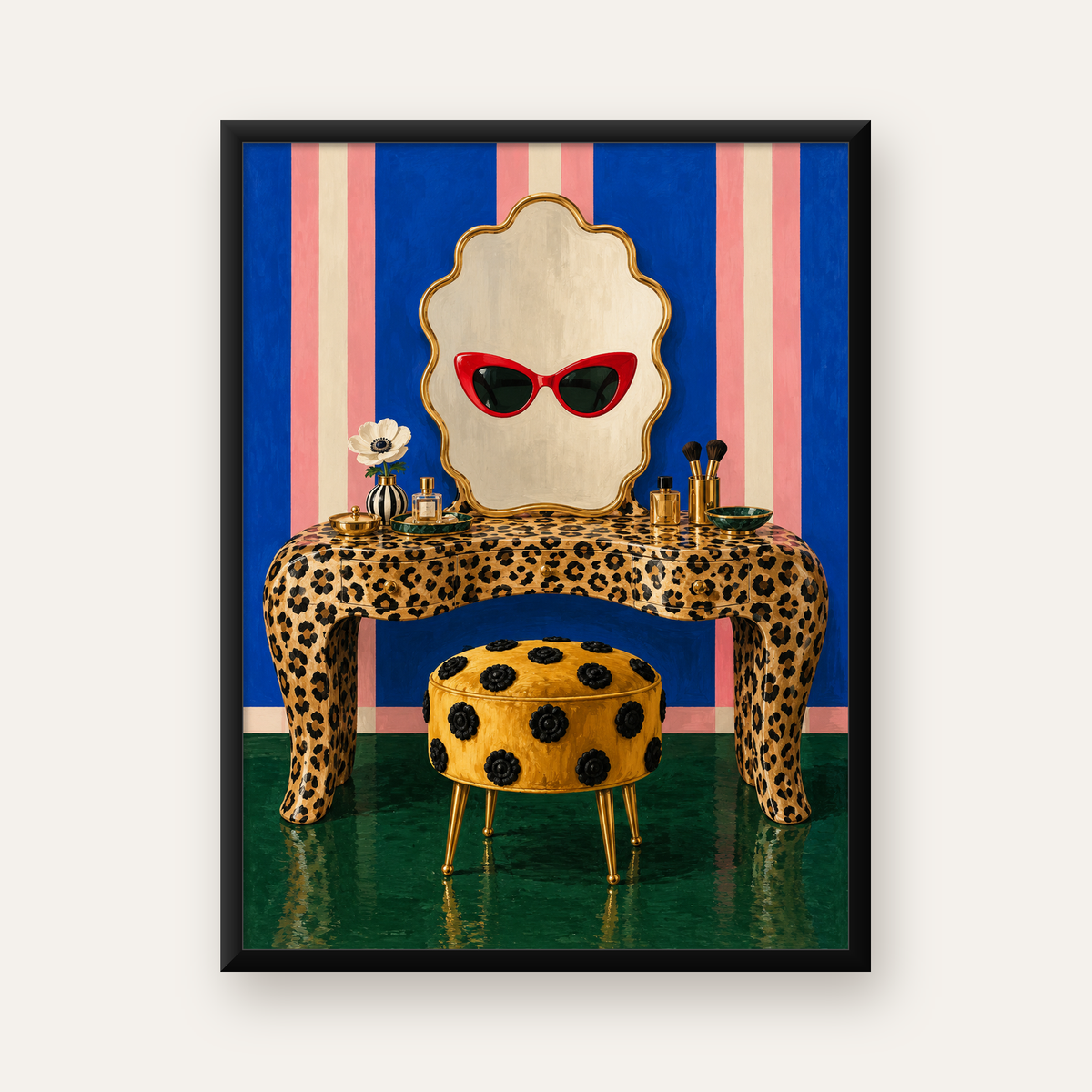 Leopar Desenli Makyaj Masası Poster – Modern ve Havalı Dekor — Dikey baskı, düz siyah çerçeveli duvar posteri