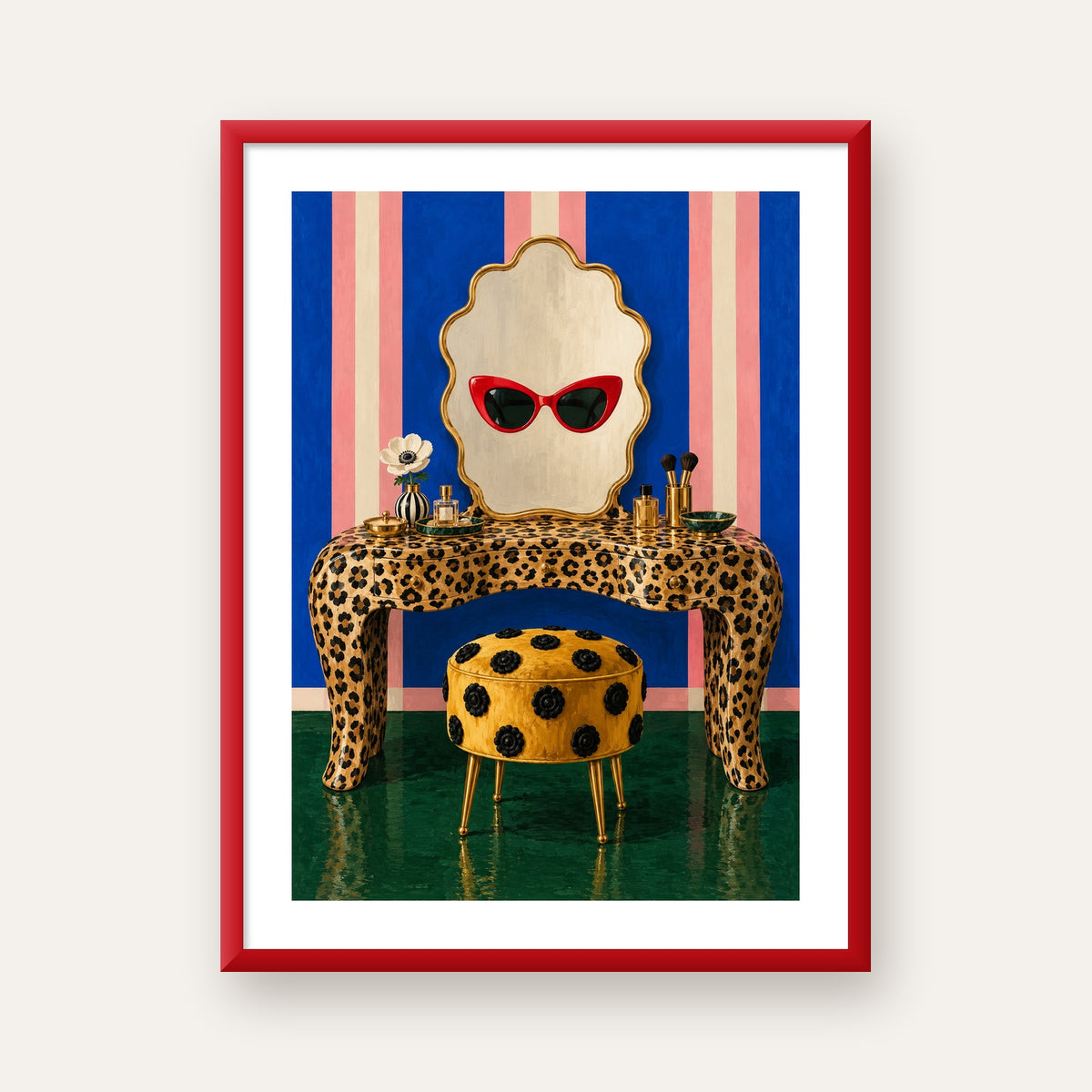Leopar Desenli Makyaj Masası Poster – Modern ve Havalı Dekor — kırmızı çerçeveli paspartulu
