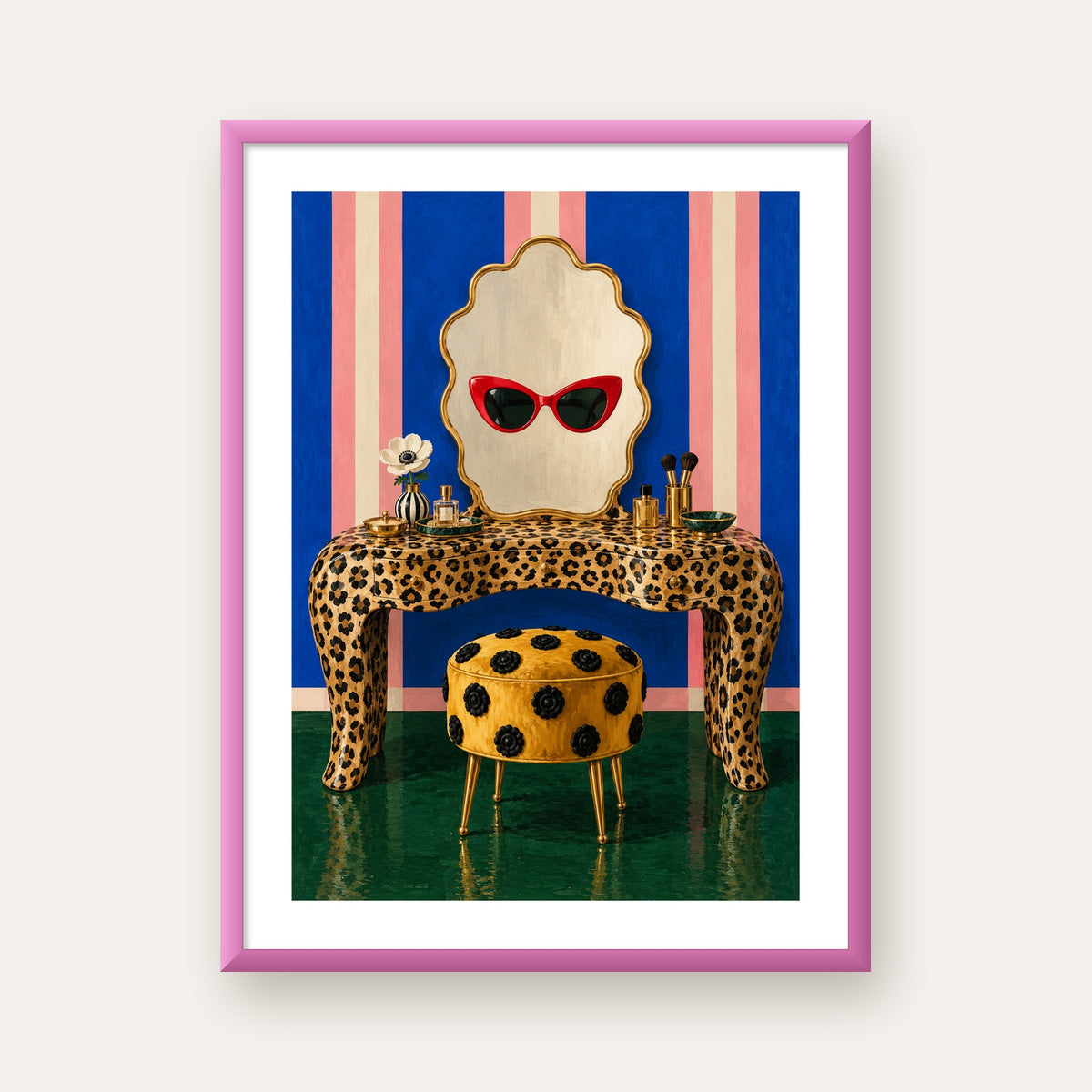 Leopar Desenli Makyaj Masası Poster – Modern ve Havalı Dekor — pembe çerçeveli paspartulu