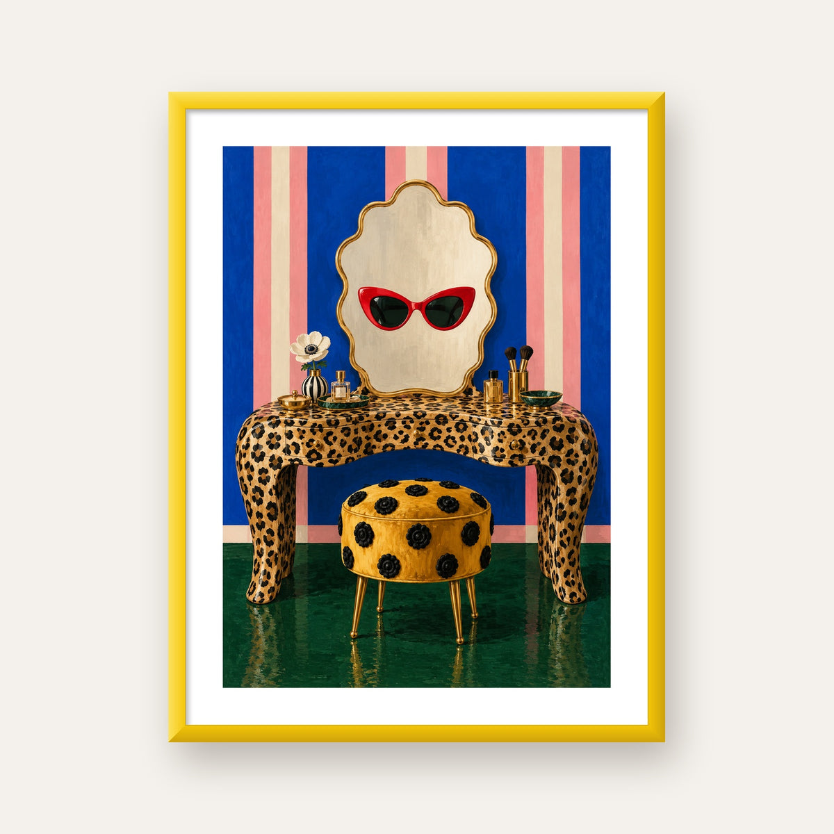 Leopar Desenli Makyaj Masası Poster – Modern ve Havalı Dekor — sarı çerçeveli paspartulu