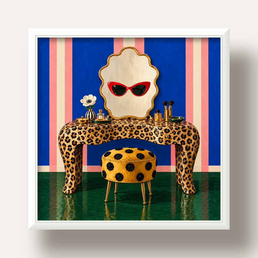 Leopar Desenli Makyaj Masası Poster – Modern ve Havalı Dekor — beyaz derin çerçeveli