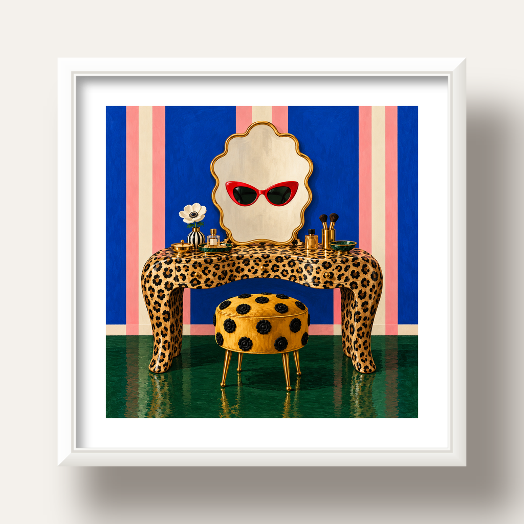 Leopar Desenli Makyaj Masası Poster – Modern ve Havalı Dekor — beyaz derin çerçeveli paspartulu